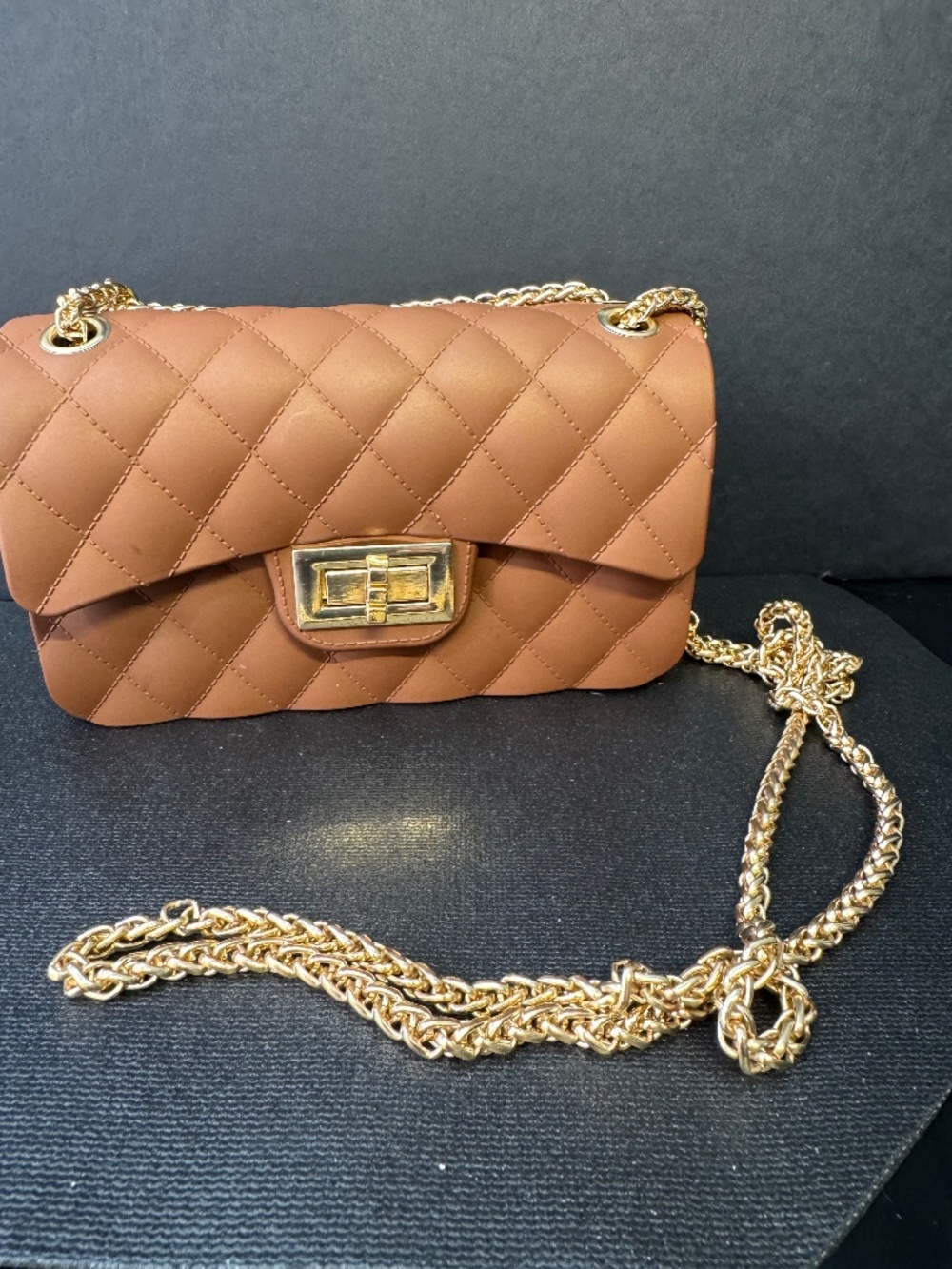 Quilted Crossbody Bag Brown Gold Chain Turn Lock Small Shoulder Purse Chic